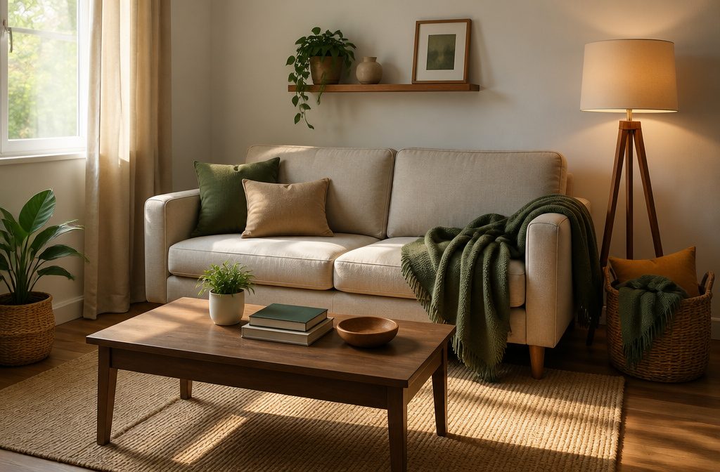A small, modest living room with soft afternoon light and shadows