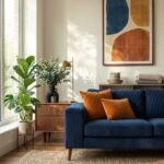 Navy blue corduroy sofa with orange pillows in a bright, modern living room.