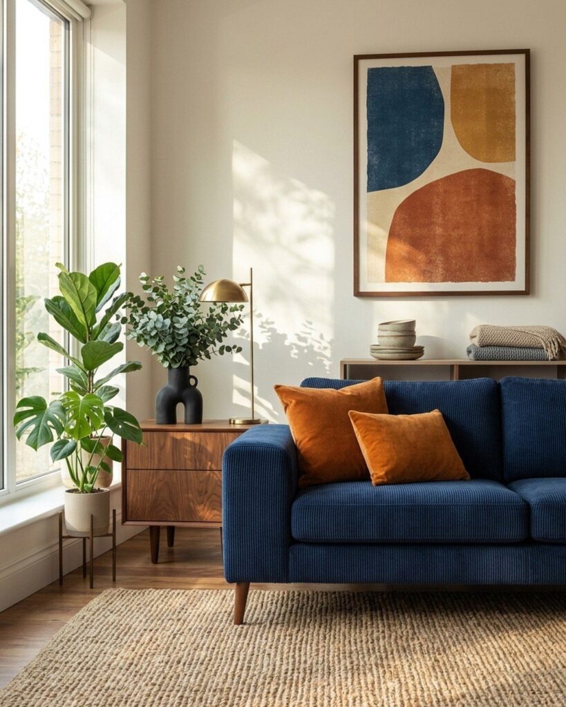 Navy blue corduroy sofa with orange pillows in a bright, modern living room.