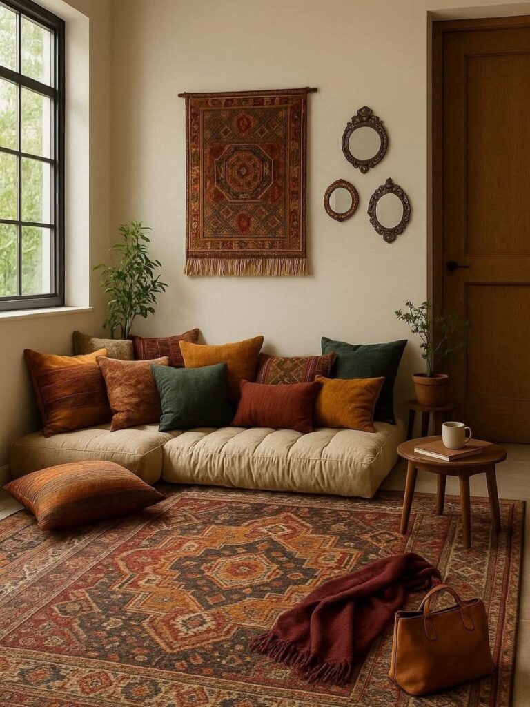 Colorful patterned rug on the floor of a cozy bohemian living room.