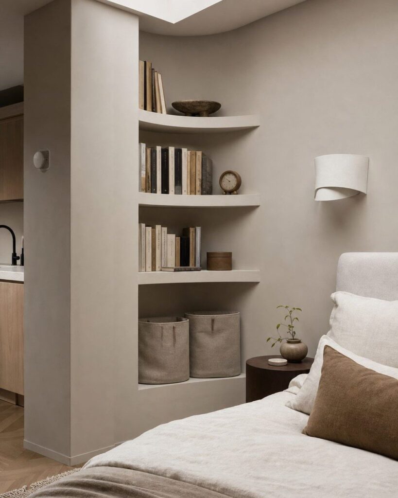 Built-in recessed bookshelf with books and bins next to a cozy bed.