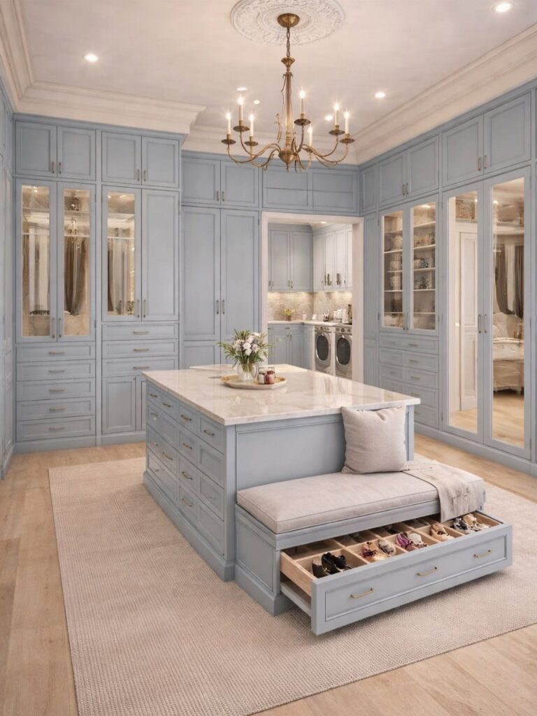 Custom closet island with marble top, integrated seating, and pull-out shoe storage.