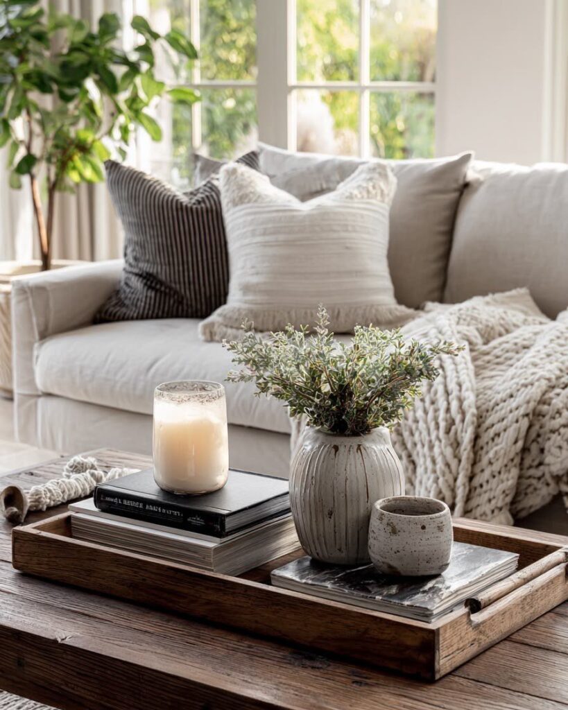 Wooden tray with candle, books, and greenery on a rustic coffee table.