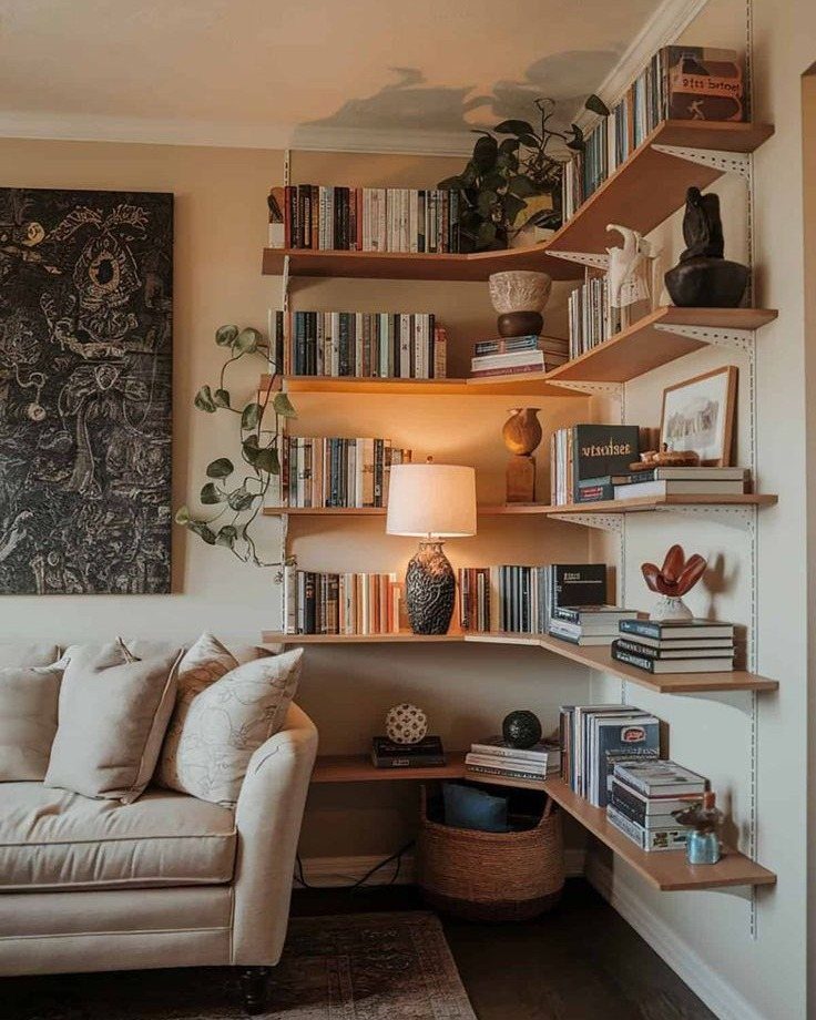 Wooden corner bookshelves filled with books and decor next to a beige sofa.
