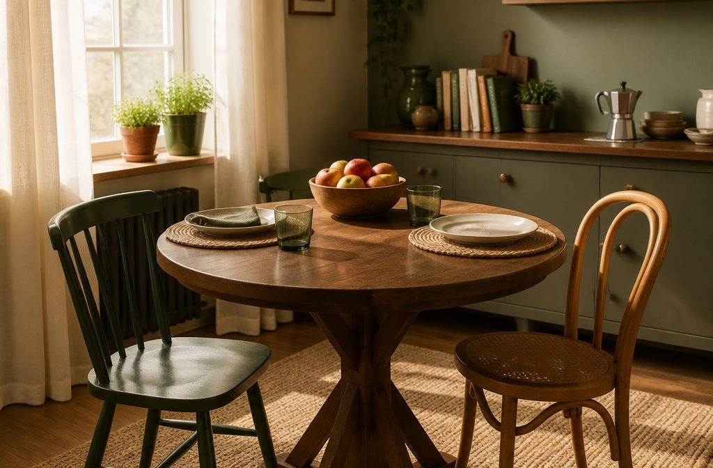 Cozy kitchen nook with a round solid wood dining table