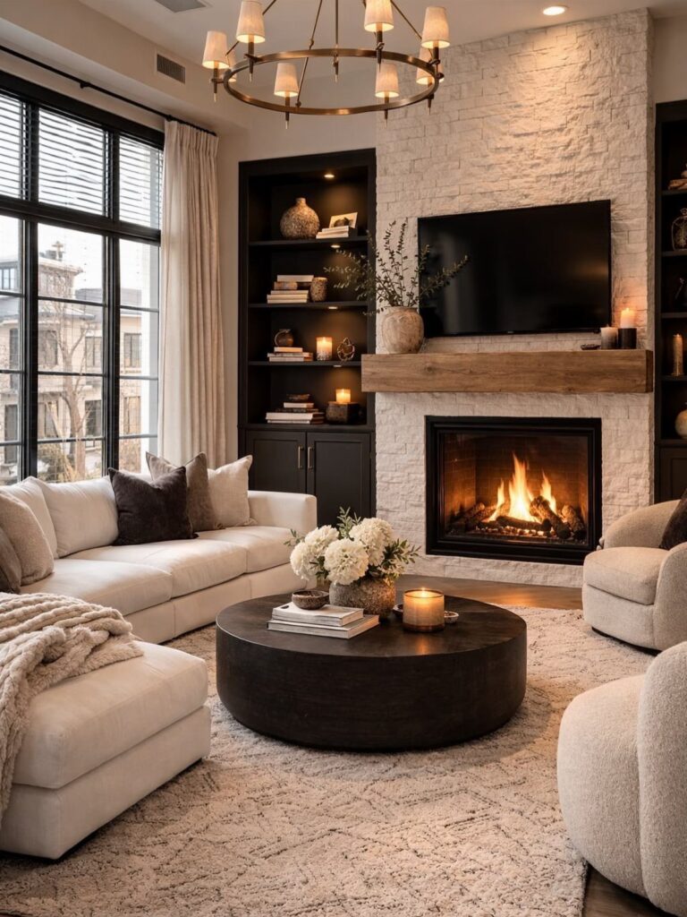 Modern family room with a stone fireplace, cream sectional, and black circular coffee table.
