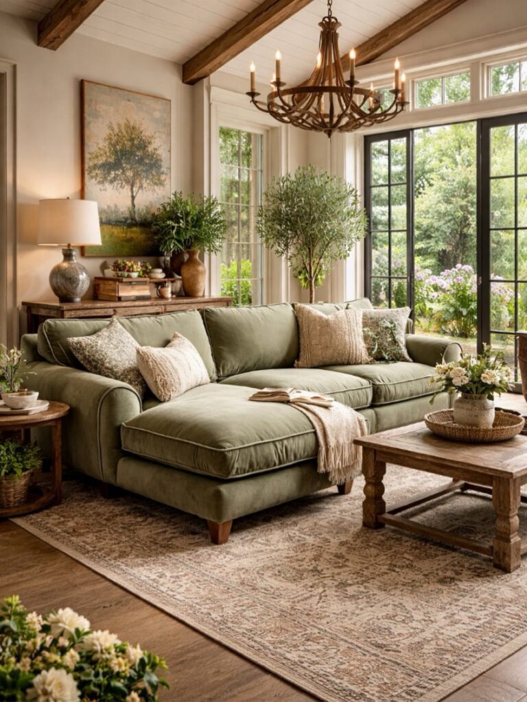 Olive green sectional sofa in a rustic farmhouse living room with wooden beams.