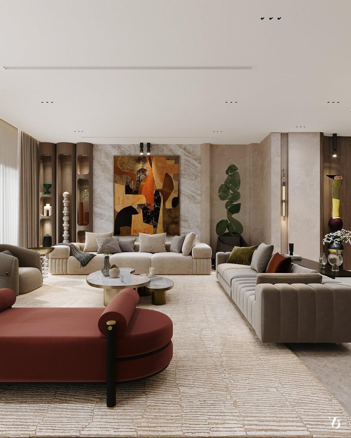 Modern formal living room with beige sofas, red accent chair, and abstract art.