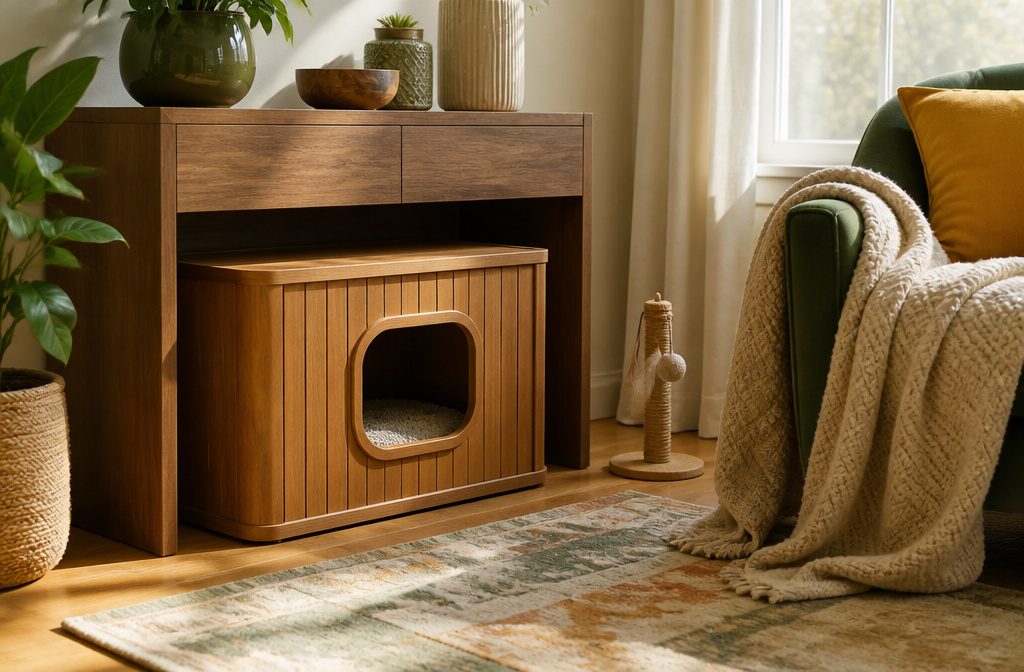 A sleek wooden furniture kitty litter box in a cozy living room corner.