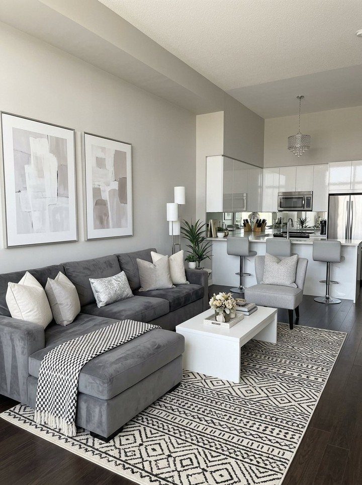 Gray sectional sofa and white coffee table in a modern gray living room