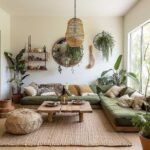 Green L-shaped couch in a bohemian living room with plants and wooden furniture.