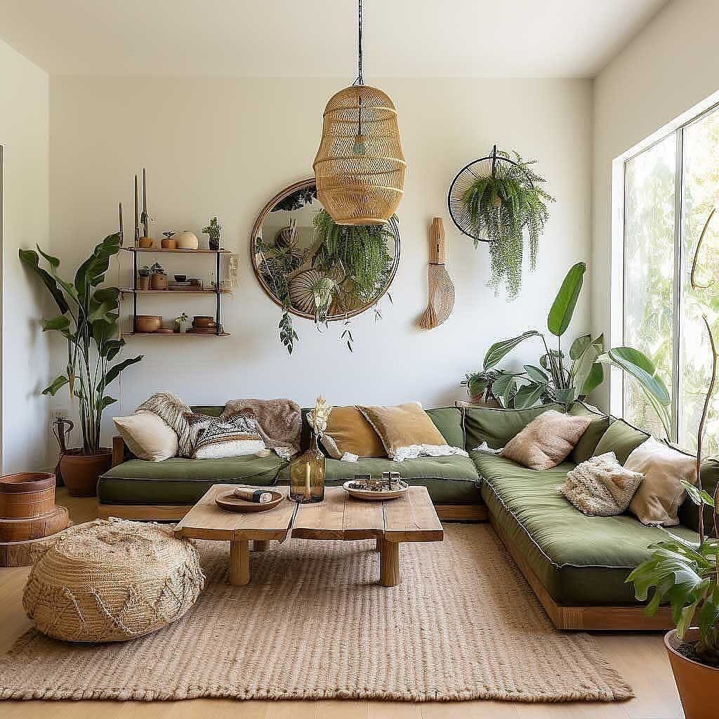 Green L-shaped couch in a bohemian living room with plants and wooden furniture.