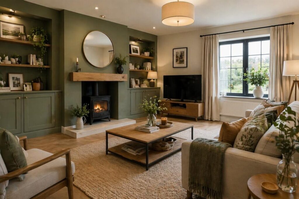 Sage green living room with a wood-burning stove, beige sofa, and wooden furniture.