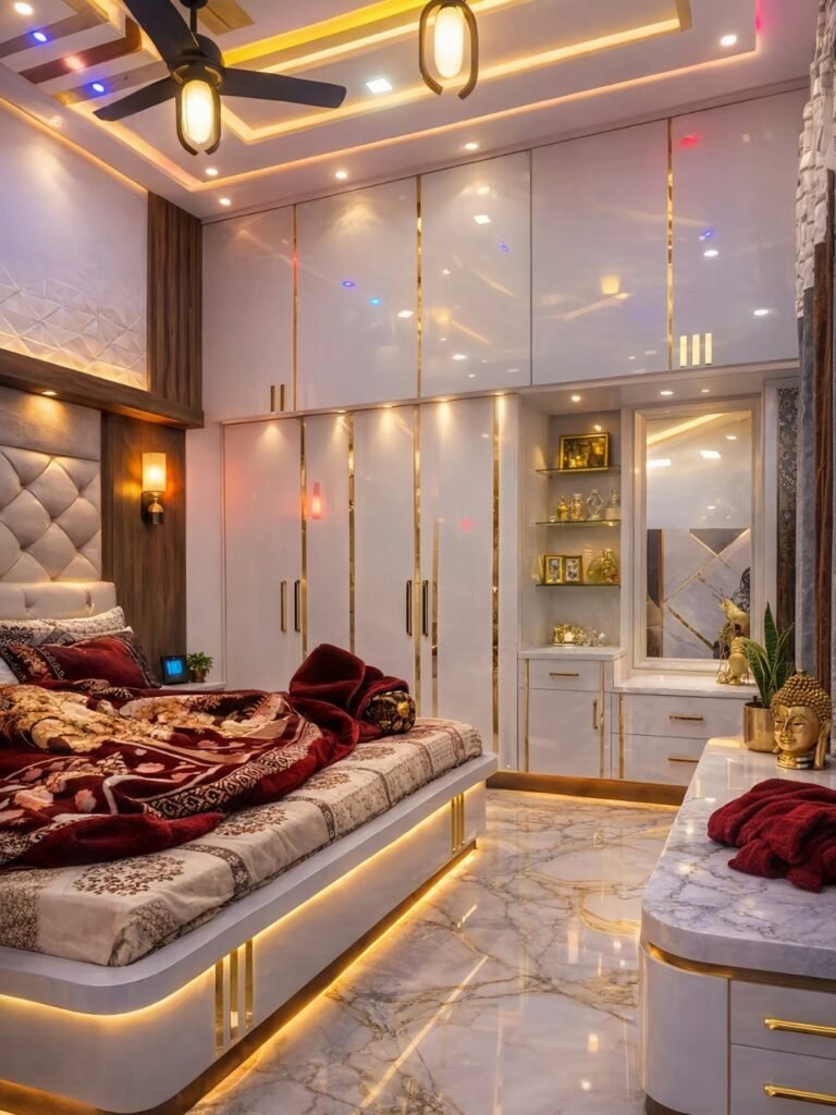 Luxury bedroom with white and gold furniture, marble floors, and warm ceiling lighting.