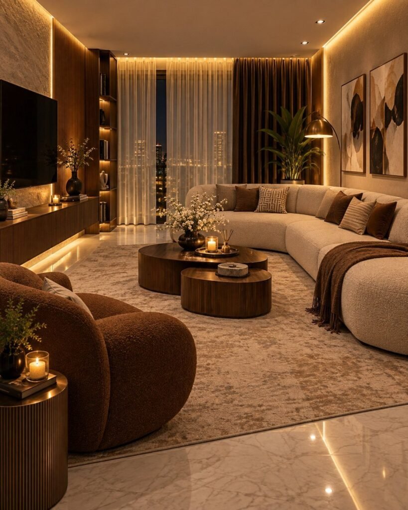 Luxurious living room with curved beige sofa, brown armchair, and wooden coffee tables.