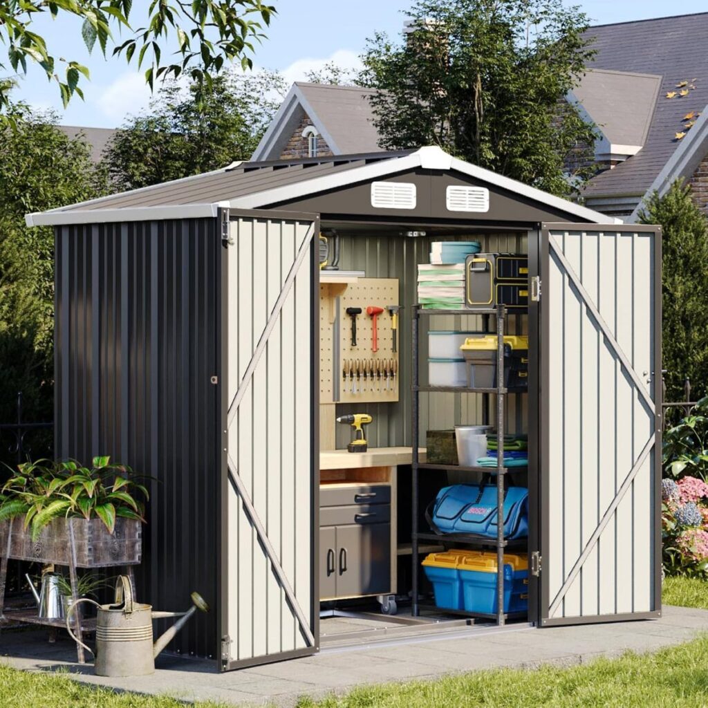 Grey metal garden shed with open doors showing organized tool storage and shelving