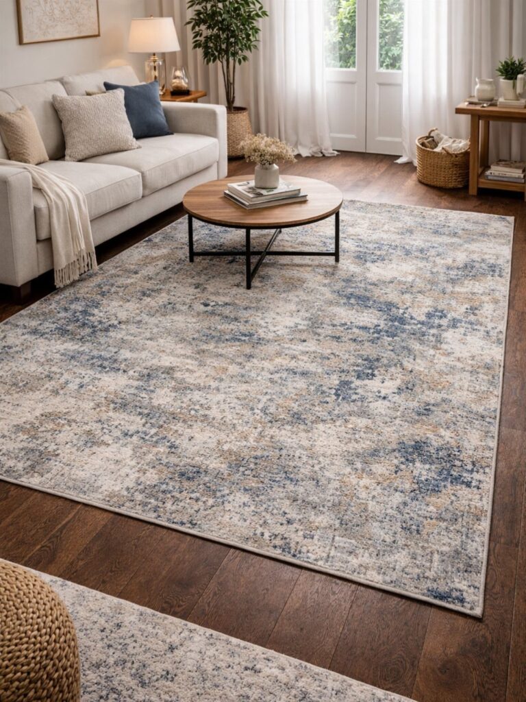 Blue and beige distressed area rug in a modern living room with white sofa