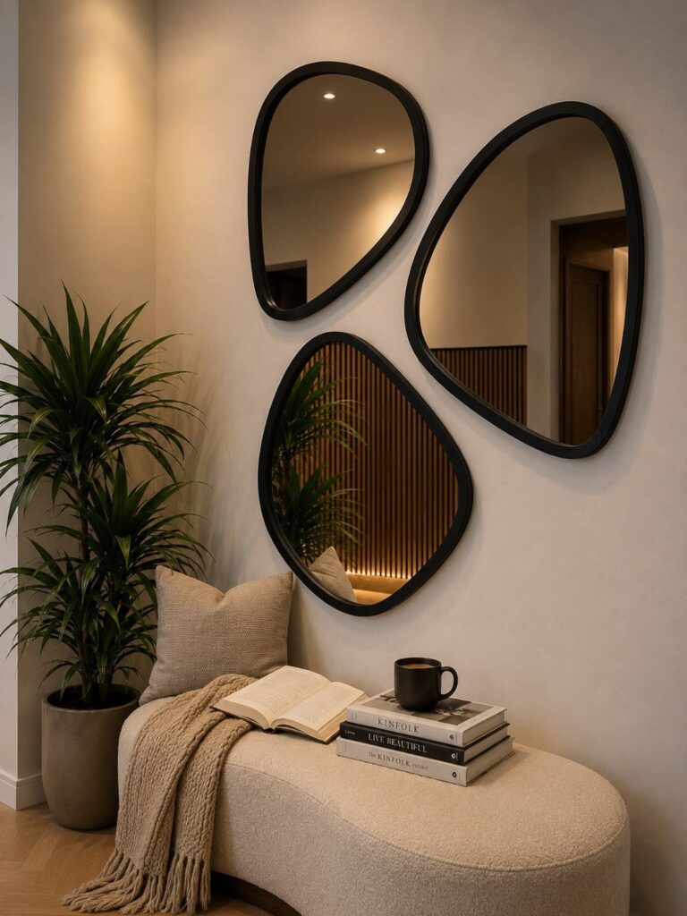 Curved beige bench with books and pillows under three organic shaped black mirrors.