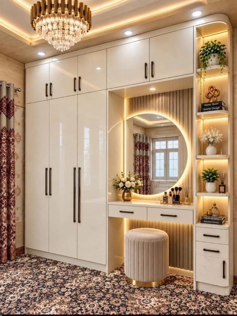 White built-in wardrobe and vanity with circular mirror and beige velvet stool