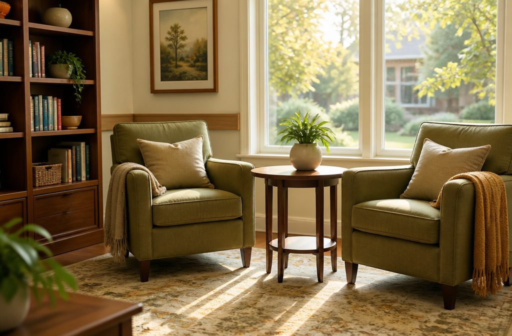 Cozy common room with sturdy furniture in a senior living facility