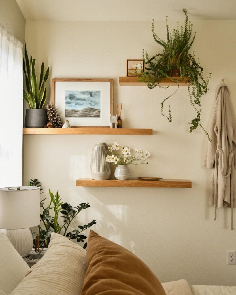 Wooden floating shelves decorated with potted plants, framed art, and white ceramic vases.