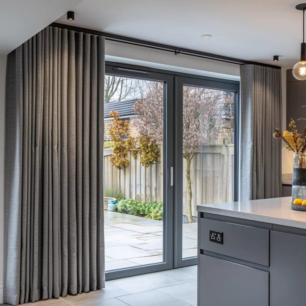 Grey floor-to-ceiling curtains framing grey sliding glass doors opening to a patio.