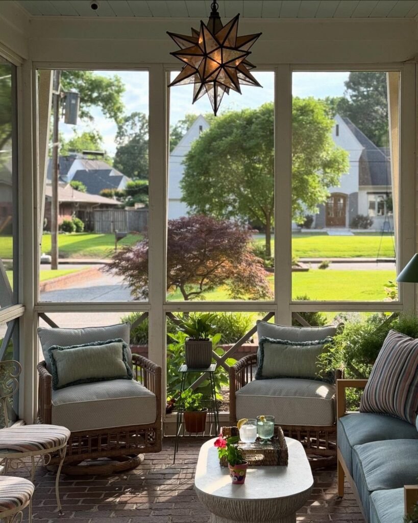 Wicker armchairs and a blue sofa arranged on a screened-in porch with greenery.