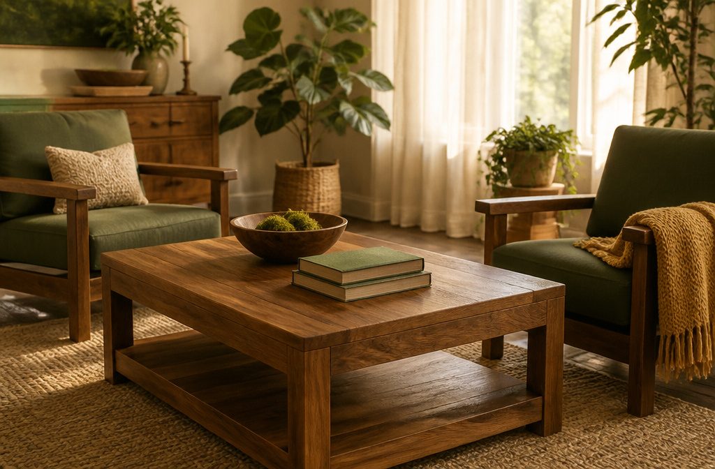Cozy living room with sunlight filtering through windows onto wooden furniture