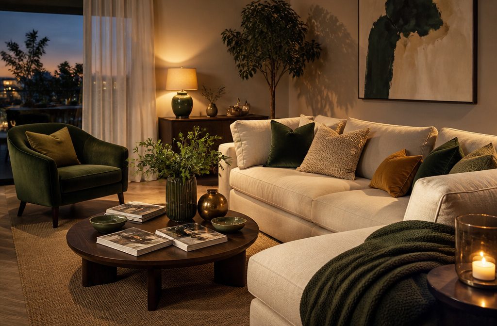 Cozy living room with warm lighting and comfortable furniture