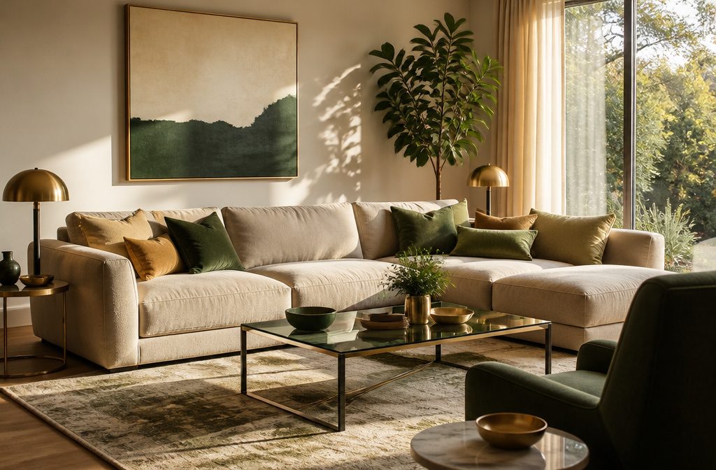 A beautifully furnished living room with elegant furniture and warm lighting.